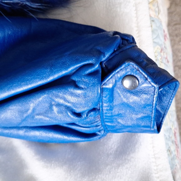 Blue Leather & Rabbit Fur Coat - Picture 9 of 12